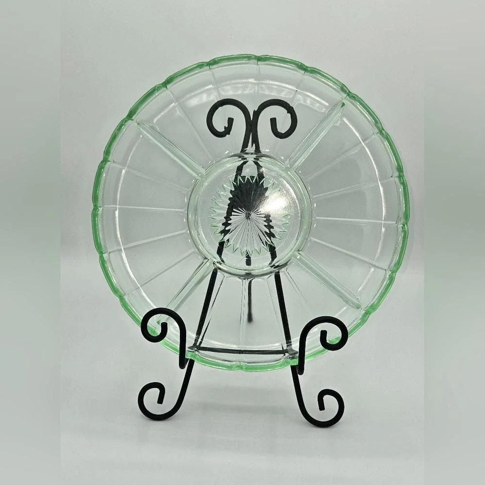 Hazel‎ Atlas Ribbon Green Uranium Depression Glass Divided Relish Dish Tray 10